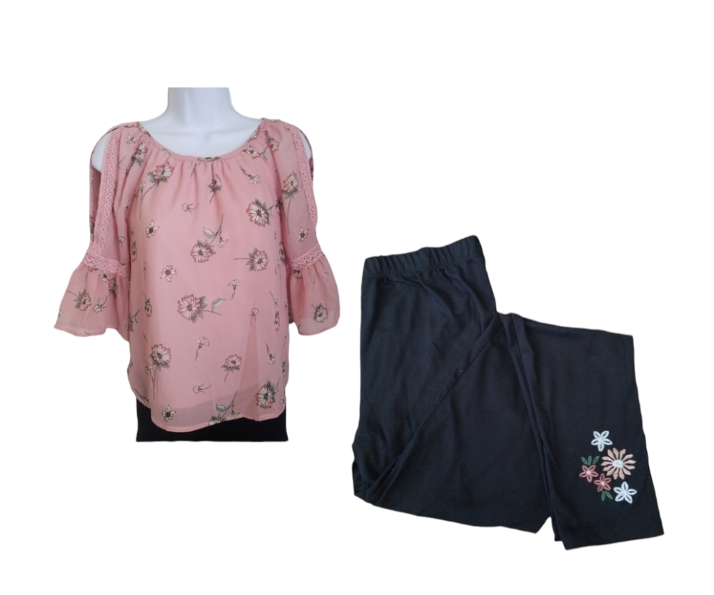 KNITWORKS FLORAL COLD SHOULDER BELL SLEEVE TOP WITH FLORAL EMBROIDERED LEGGINGS
